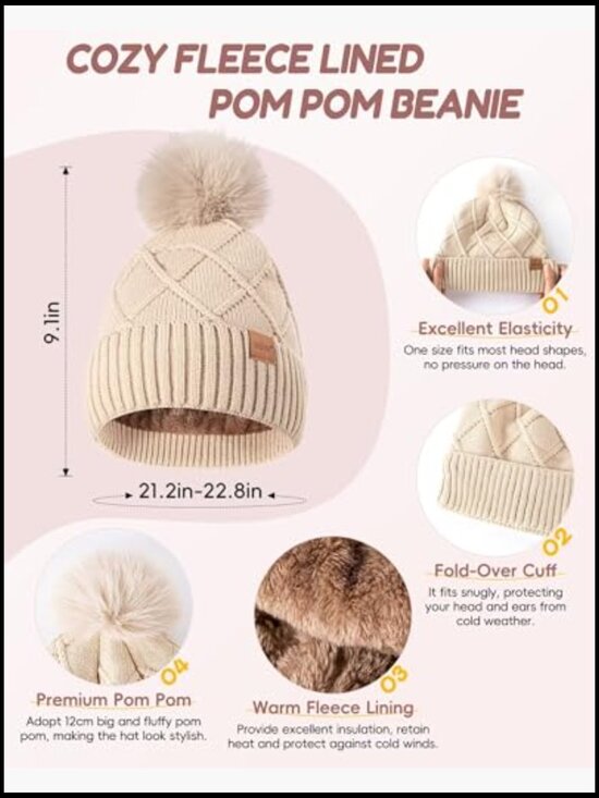 4 Piece Winter Hat Gloves Scarf Headband Set with Pom Pom Beanie Touchscreen main image 4